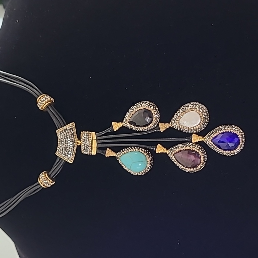Luxury Pearl Amethyst Turquoise Black Onyx Swarovski crystal teardrop necklace